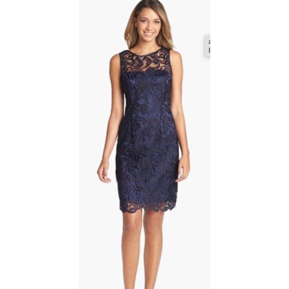 Adrianna Papell Navy Floral Lace Sheath Dress Womens 6 Excellent